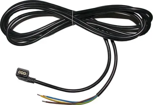 Schwarzes Kabel mit einem Stecker am Ende und mehreren offenen Drähten in verschiedenen Farben, geeignet für Anwendungen, möglicherweise in Verbindung mit Wolf-Produkten.
